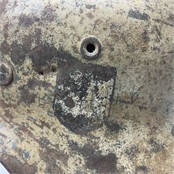 WW2 German Infantry M40 steel helmet with tropical finish and traces of single decal; with chin strap and leather liner marked 57 twice in red; back apron stamped 11 38