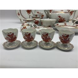 Herend Chinese Bouquet Rose pattern tea service comprising teapot, coffee pot, open sucrier, six cups and saucers, six tea plates, cream jug and stand, milk jug, two teabag holders, preserve pot, two leaf shaped dishes, four egg cups, salt & pepper pots, pair side plates and another plate
