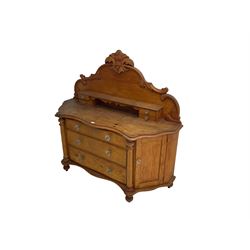 Victorian pine dresser or chiffonier side cabinet, shaped raised back carved with foliage, fitted with three drawers and two cupboards, on turned feet