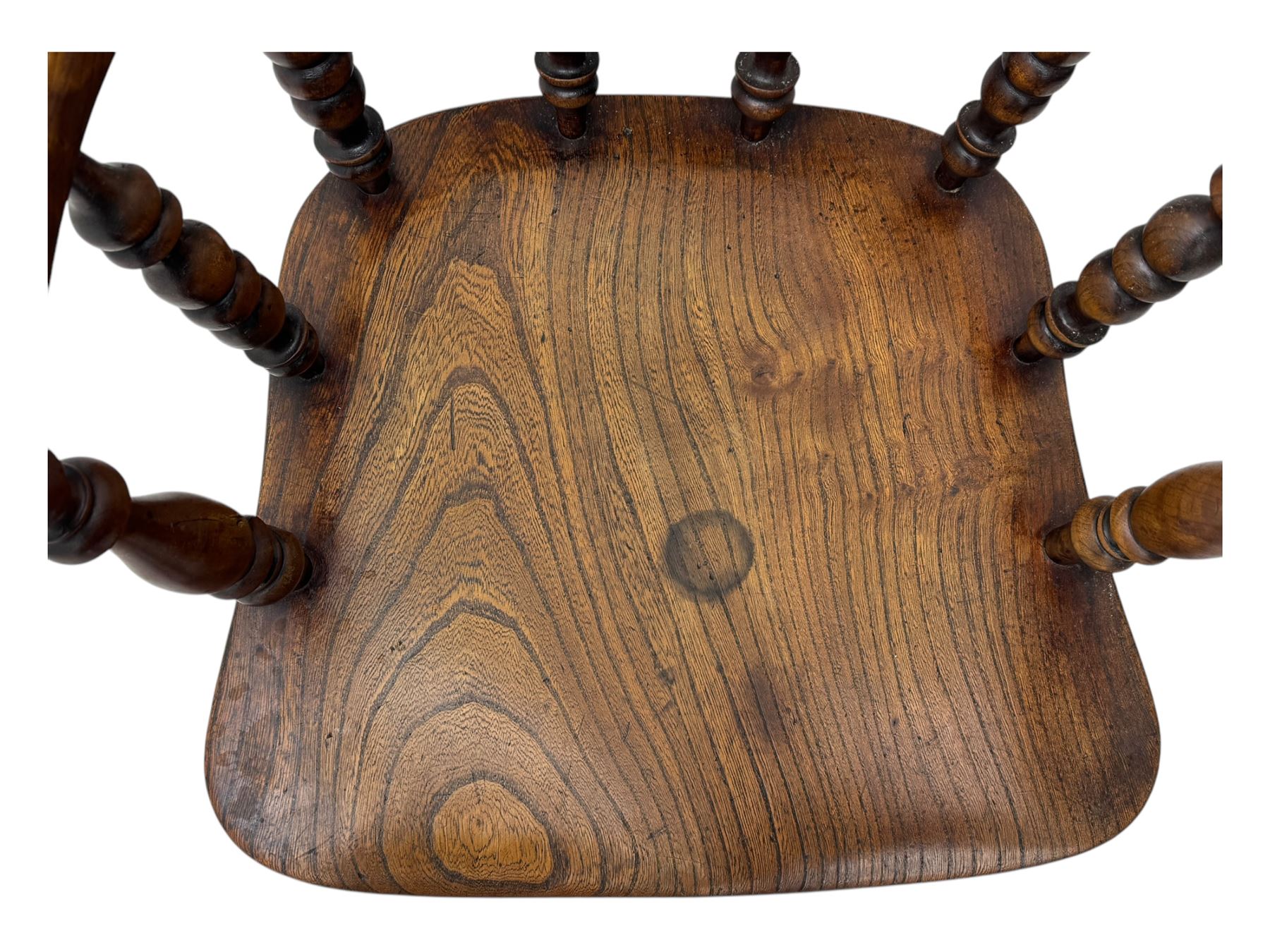 Victorian elm captains smokers bow chair, spindle turned tub shaped back, saddle seat, seat height 41cm