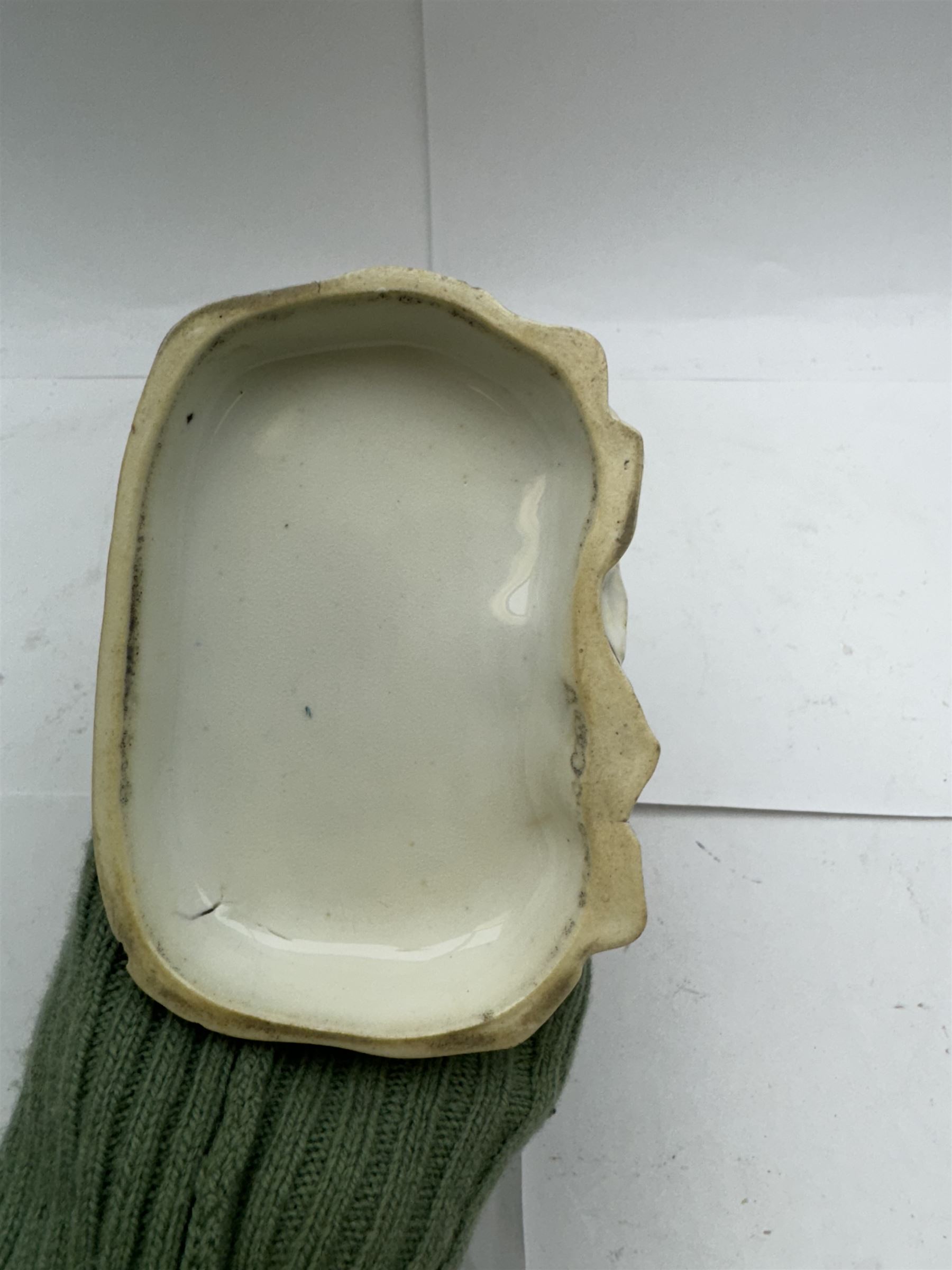 Pair of Staffordshire figures modelled as chained Dalmatians seated upon cobalt blue oval bases, H13cm, together with a Staffordshire pastille burner modelled as a castle, H12cm, a pair of 19th century Derby potpourri pots (lacking covers), and an 18th century blue and white tea bowl 