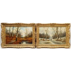 S William (British 19th century): Summer & Winter Woodland Scenes, Figures Gathering Firewood, pair oils on canvas signed 39cm x 59cm (2)  