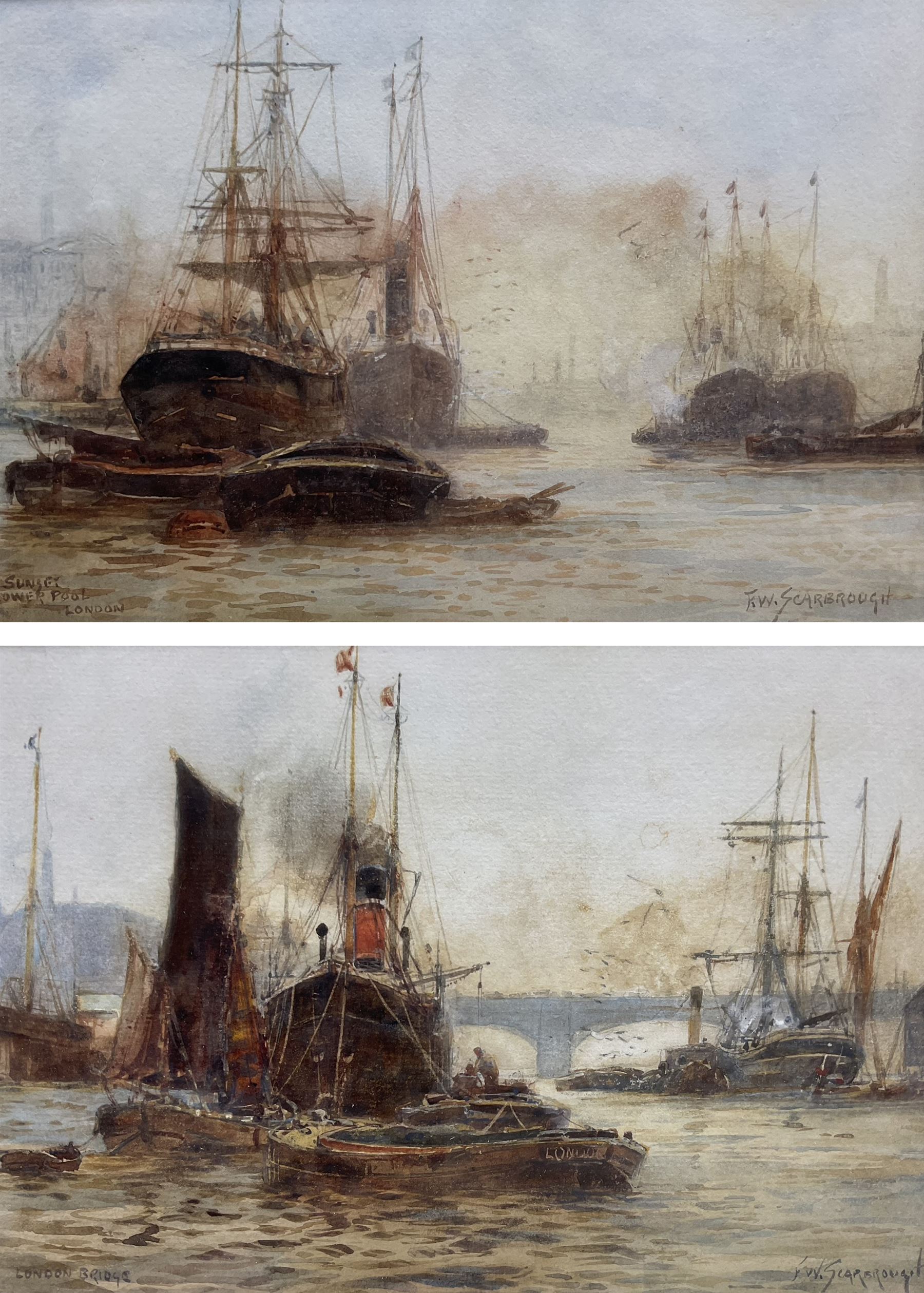 Frank (Frederick) William Scarborough (British 1860-1939): 'Sunset - Tower Pool London' and 'London Bridge', pair watercolours signed and titled 17cm x 24cm (2)