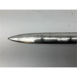 Reproduction Scottish basket hilted broadsword with 85cm double edged steel blade and red lined basket hilt with wire bound grip, in white metal mounted leather scabbard 107cm overall