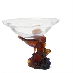 Daum 'Kneeling Angel', glass bowl held aloft by a pate de verre figure, incised Daum Franc...