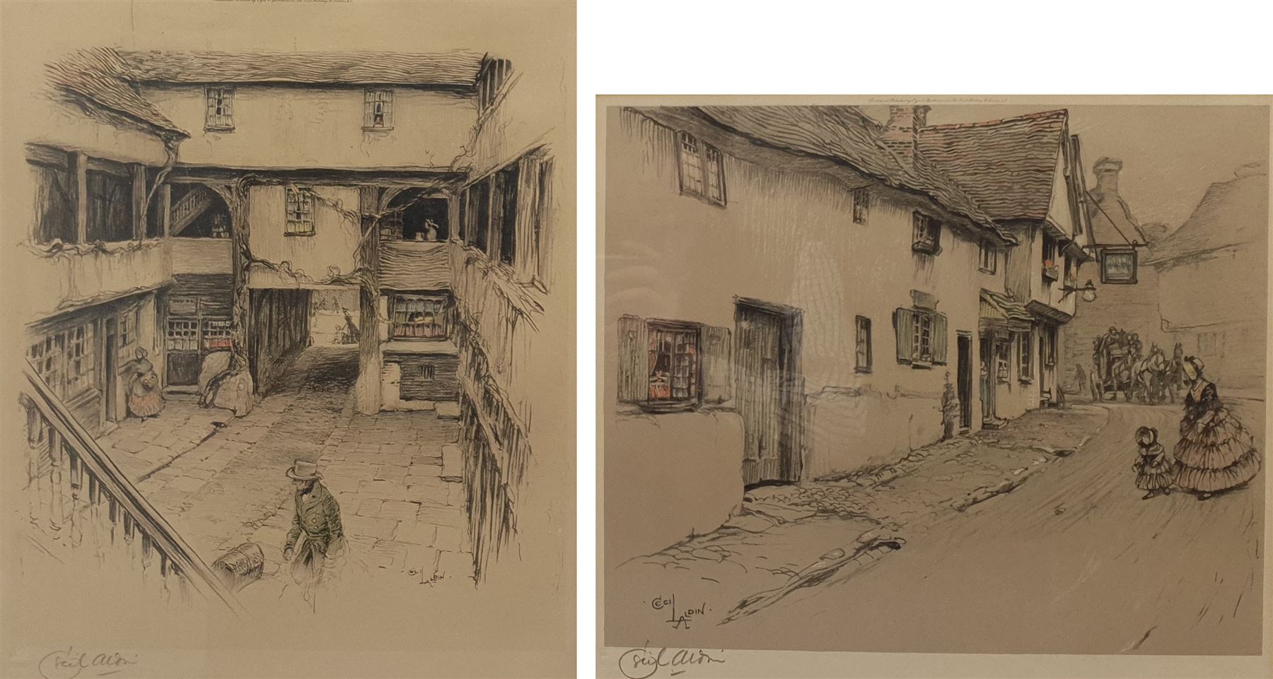 Cecil Aldin (British 1879-1935): 'The George Inn Dorchester' and 'New Inn Gloucester', two chromolithographs signed in pencil max  33cm x 39cm (2)