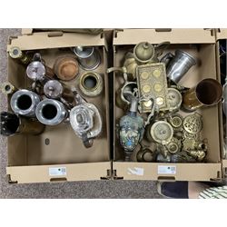 Large collection of metalware, to include decanters, teapots and fireside tools, in five boxes