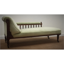  Edwardian walnut framed chaise longue, upholstered in lime velvet, turned supports (W68cm, H80cm, L175cm) and two matching spoon back chairs (3)  