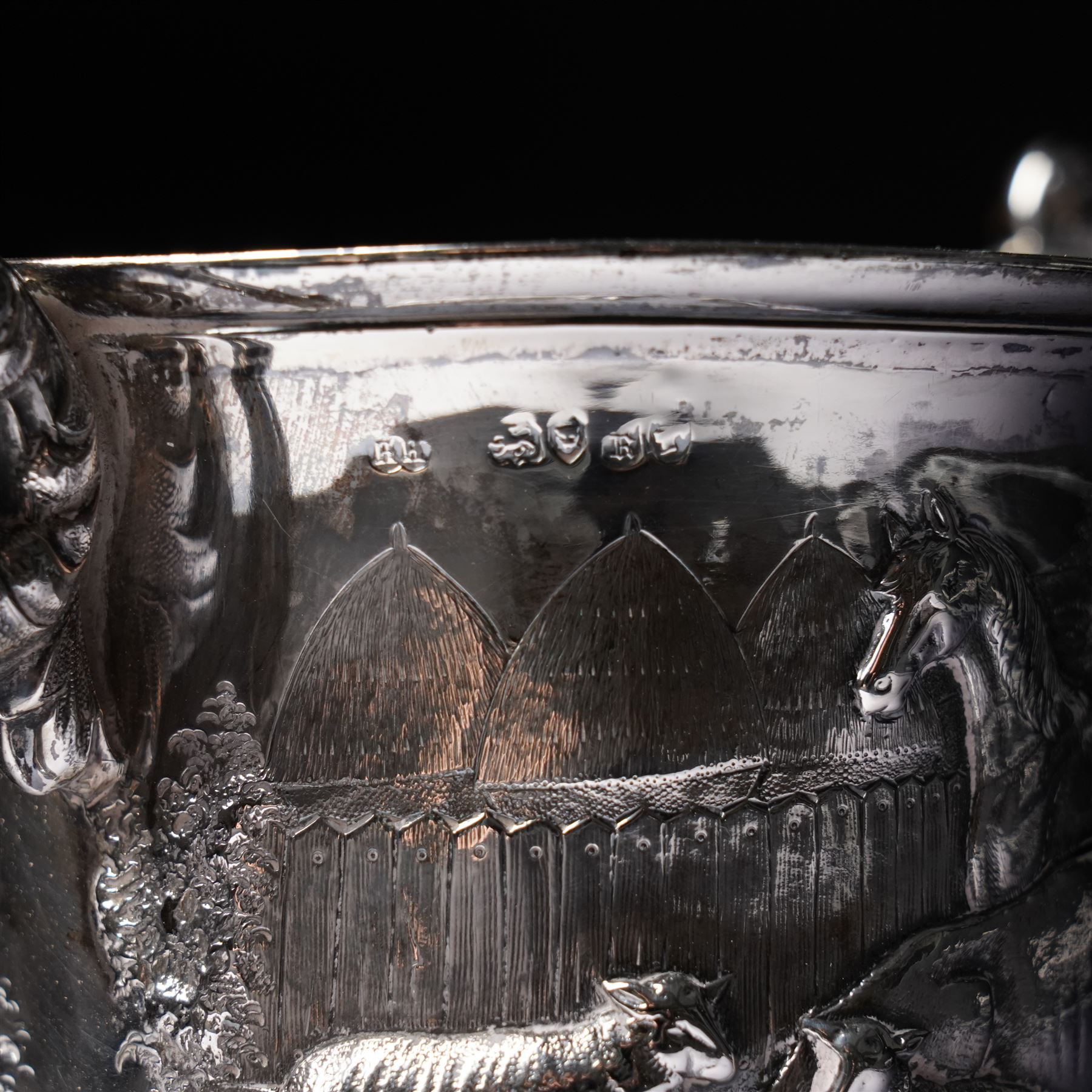 Victorian silver two handled cup embossed with cattle, horses and sheep and presented by Nottingham Mills Company to John Barugh, Thwing H16cm London 1865 Maker Henry Hollannd