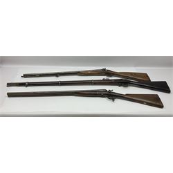 19th century Indian .577 Enfield muzzle loading rifle, proofed for 26-bore, the 98.5cm barrel with three barrel bands and later ram rod L140cm overall; 19th century Belgian side-by-side double barrel percussion shotgun, approximately 20-bore, with 74cm barrels and studded walnut stock, lock plate marked 'Liege 1868' and 'V. Gulikers-Maquinay' L117cm overall; and another side-by-side double barrel shotgun by Smythe with underlever opening (3)