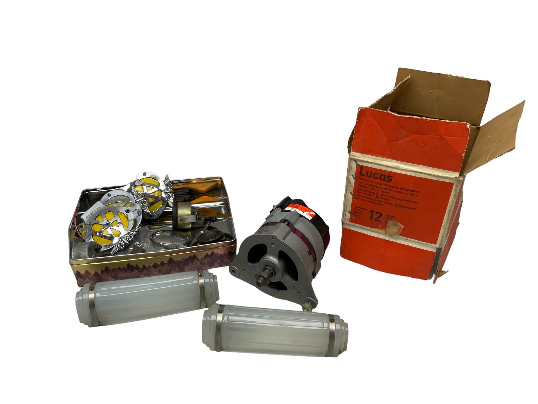 Quantity of vintage automobile parts and equipment, to include three AA badges, Lucas 1970s/80s car alternator B90 exchange unit, boxed, pair of Art Deco style coach lights, wing mirror, petrol cap, ammeter, 1960s car window latches, semaphore indicator arm etc