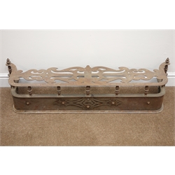  Victorian D shaped steel fire fender, shaped and pierced top with two finials, W121cm, H29cm, D31cm  