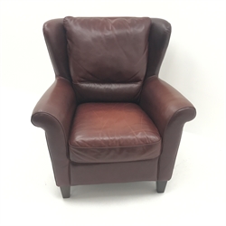  Natuzzi wingback style armchair, upholstered in maroon leather, W92cm  