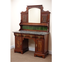  Victorian walnut kneehole washstand, raised carved back with mirror and tiled splash back, grey marble top above three burr front drawers and two doors with brass handles, on bracket feet, W123cm,  D56cm, H170cm  