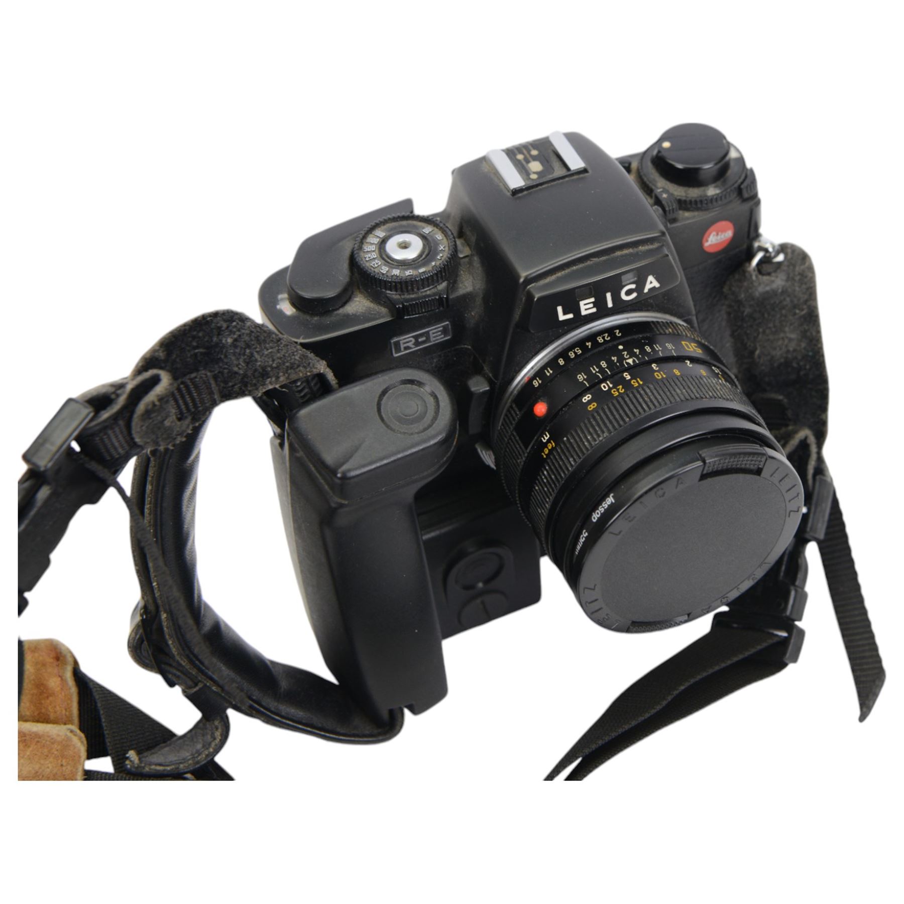 Leica R-E camera body serial no. 1752690, in black finish, with a Leitz Summicron-R 1:2/50 E55 lens serial no. 3480570, with Leica GMBH motor winder R serial no. 61596