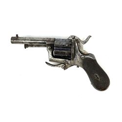 Mid-19th century Belgian 7mm pin-fire pocket revolver with six-shot cylinder, the 6.5cm barrel inscribed 'A. Fagnus Bte', folding trigger, chequered walnut split stock and fitted ejector rod, 17cm overall