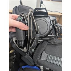 Collection of cameras and photography equipment, including Canon EOS 1000F DSLR, Fujifilm S9500, Canon EOS 10, lenses, filters, tripods, etc, in three boxes