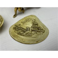 Collection of Japanese celluloid figures, including Rickshaw groups, fishing scene, oxen etc 