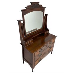 Edwardian walnut Art Nouveau period dressing chest, swing mirror with tulip carved pediment over two short and two long drawers