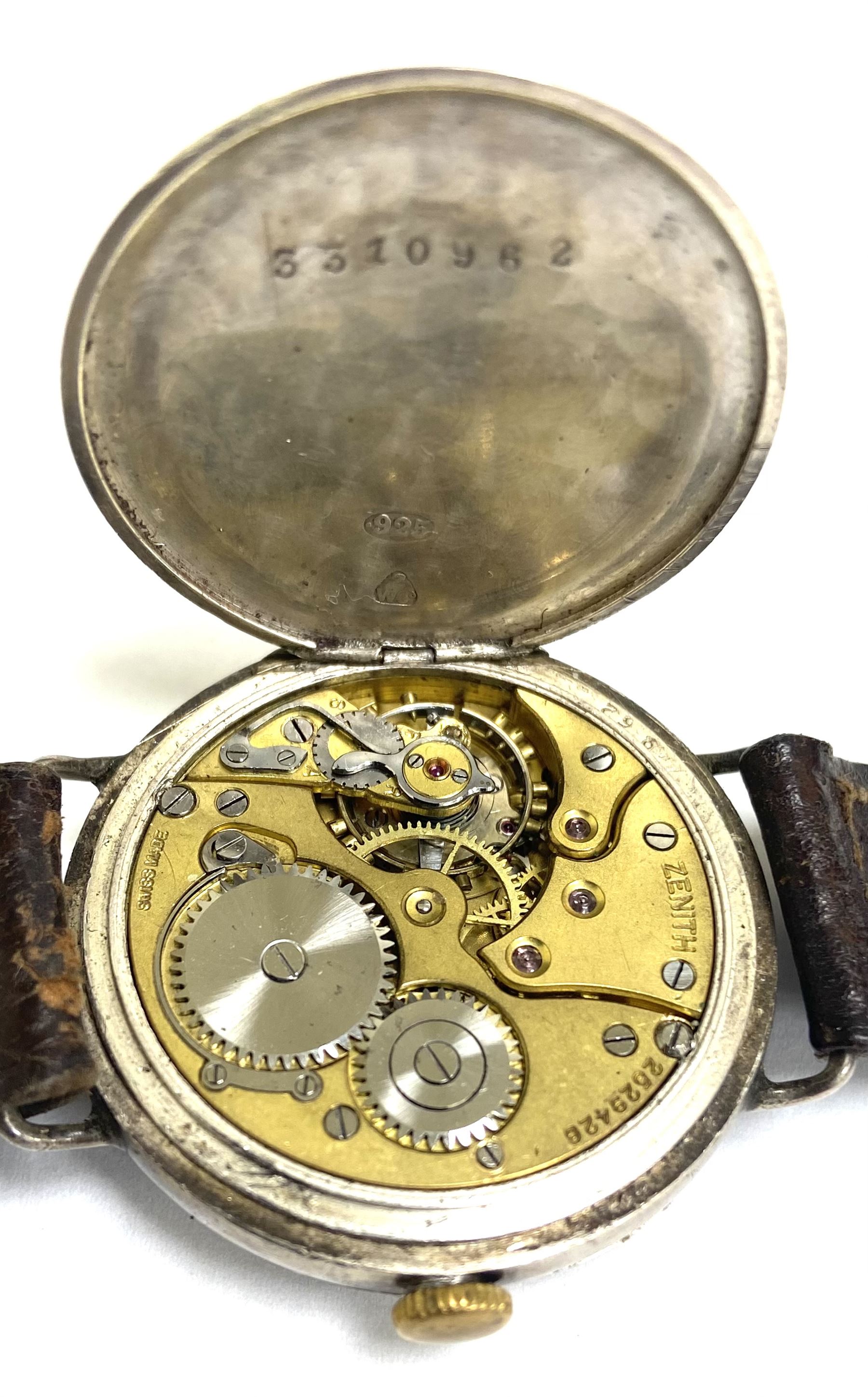 Zenith early 20th century silver manual wind wristwatch, No. 2529426, Roman numerals with subsidiary seconds dial and red 12 o'clock marker, Glasgow import marks 1938, on brown leather strap