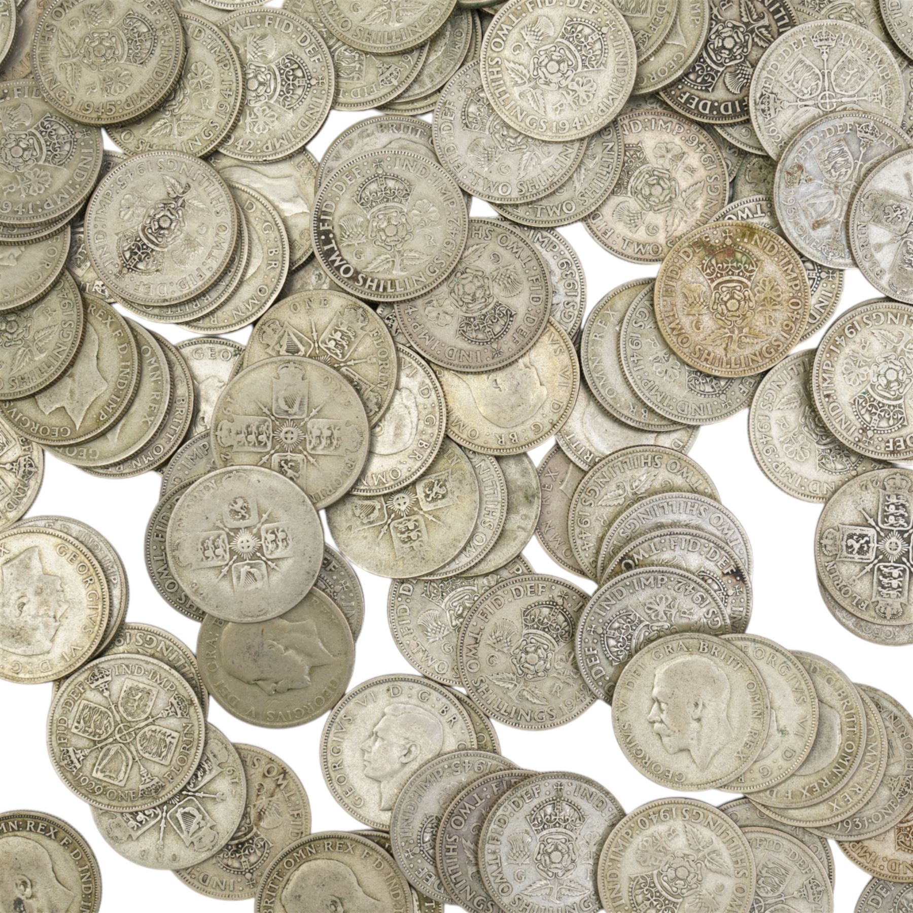 Approximately 4190 grams of Great British pre-1947 silver one florin or two shilling coins