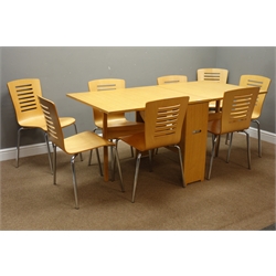  Oak drop leaf dining table (86cm x 168cm, H76cm), and set eight lightwood dining chairs on chrome bases  