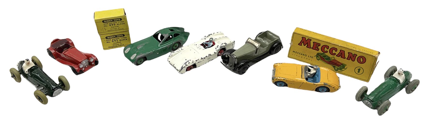 Dinky - seven unboxed and playworn die-cast models including Bristol 450 No.163, two Cooper-Bristol racing cars No.233, Mercedes Benz No.237, Austin Healey with driver No.109 etc; and two boxes of one dozen  Tyres Nos.090 and 092(unopened) (9)