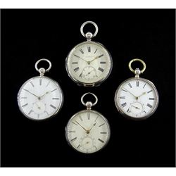 Four Victorian silver open face English lever fusee pocket watches by Horatio Smith and Robertson both London, T Graham, Cockermouth and A Routledge, Carlisle, all with engraved balance cocks and diamond endstones, white enamel dials with Roman numerals and subsidiary seconds dials, hallmarked (4)