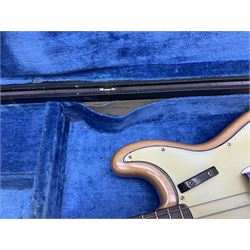 1962 Fender Precision bass guitar; re-finished in natural alder in the 1970s; impressed date code 5NOV62C to end of neck and serial no.90537 to back plate; L115.5cm; in replacement hard carrying case