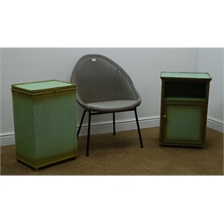  Wicker bedside cabinet, glass top, single door (W45cm, H67cm, D34cm) a matching laundry bin and a wicker chair (3)  
