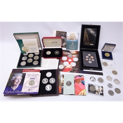  Collection of mostly modern commemorative coins including 2008 'United Kingdom Coinage Royal Shield of Arms Proof Collection' cased with certificate, 'The Great Monarchs' four coin silver proof collection, 1951 to 1981 'The Great British Five-Shilling Crown Collection', commemorative crowns etc, in one box  