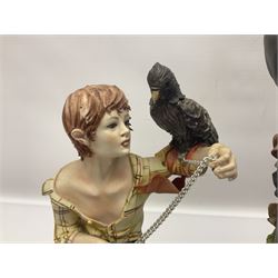 Three Capodimonte figures, to include The Kind Heart Man, modelled by Cortese as a tramp with two doves, The Young Falconer by Maria Angela and another modelled as a tramp darning his socks, all with printed marks, tallest H39cm