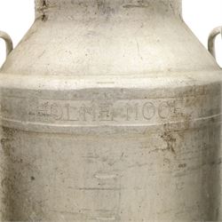 20th century aluminium set of three milk churns, with handles, baring the stamps of 'Middlesborough Co-op', 'Holme Moor', 'Wholesale Dairies' 