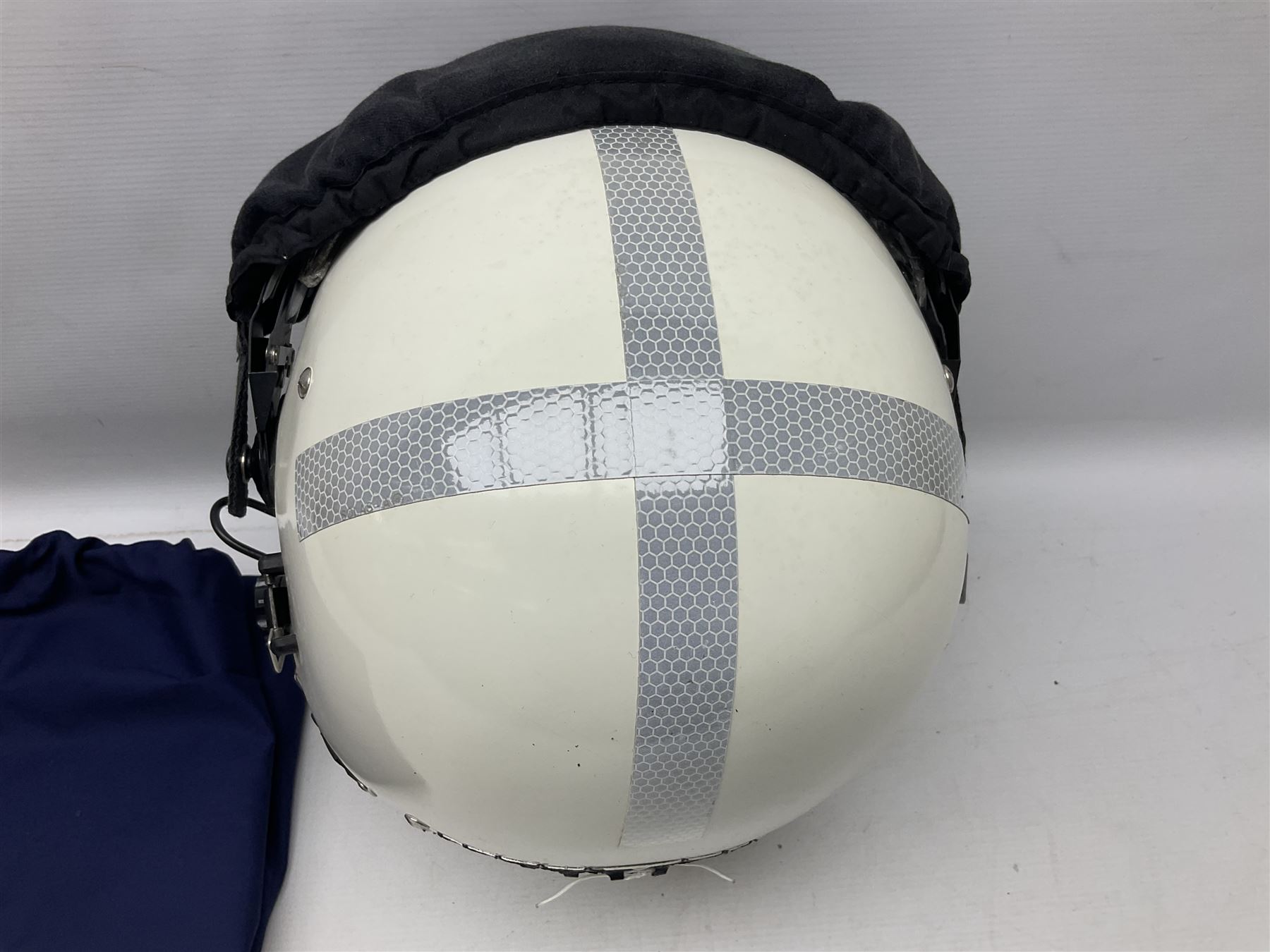RAF Alpha MK 4 helicopter pilot's flying helmet, finished in white for civilian/rescue service use; reconditioned and avionics tested as working; black cloth cover to visor; fitted with boom microphone; medium size; in blue cloth carrying bag