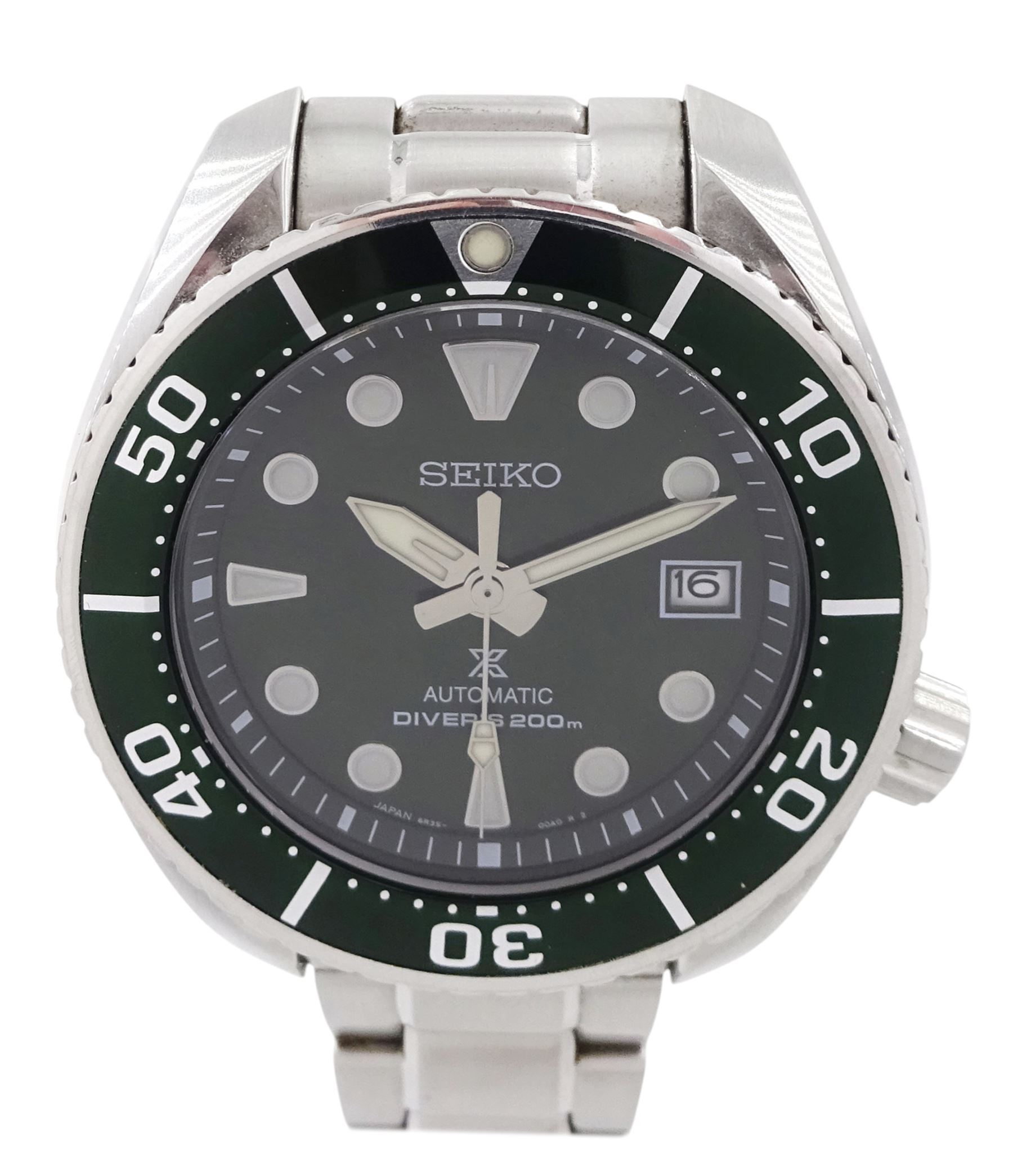 Seiko Prospex gentleman's stainless steel automatic wristwatch, Ref. 6R35-00A0, green dial with luminous hour markers, date aperture and unidirectional rotating green bezel, on stainless steel strap, with fold-over clasp, boxed with additional links and guarantee card dated 2019   
