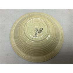 Clarice Cliff for Newport Pottery Corolla pattern tea and dinner wares, comprising triangular bowl, four side plates, two shallow bowls and teacup (a/f), together with a Clarice Cliff Wilkinson twin handled soup bowl and unassociated saucer both decorated with pink and yellow flowers, together with other mid century ceramics comprising Parrott and Company Coronet Ware, and Royal Staffordshire AJ. Wilkinson Ltd dinner wares