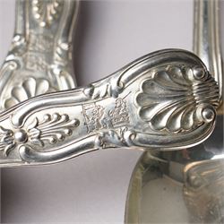 Set of six George IV silver Kings pattern dessert spoons London 1825 Maker Charles Eley  and four 19th century Kings pattern silver dessert forks, various dates