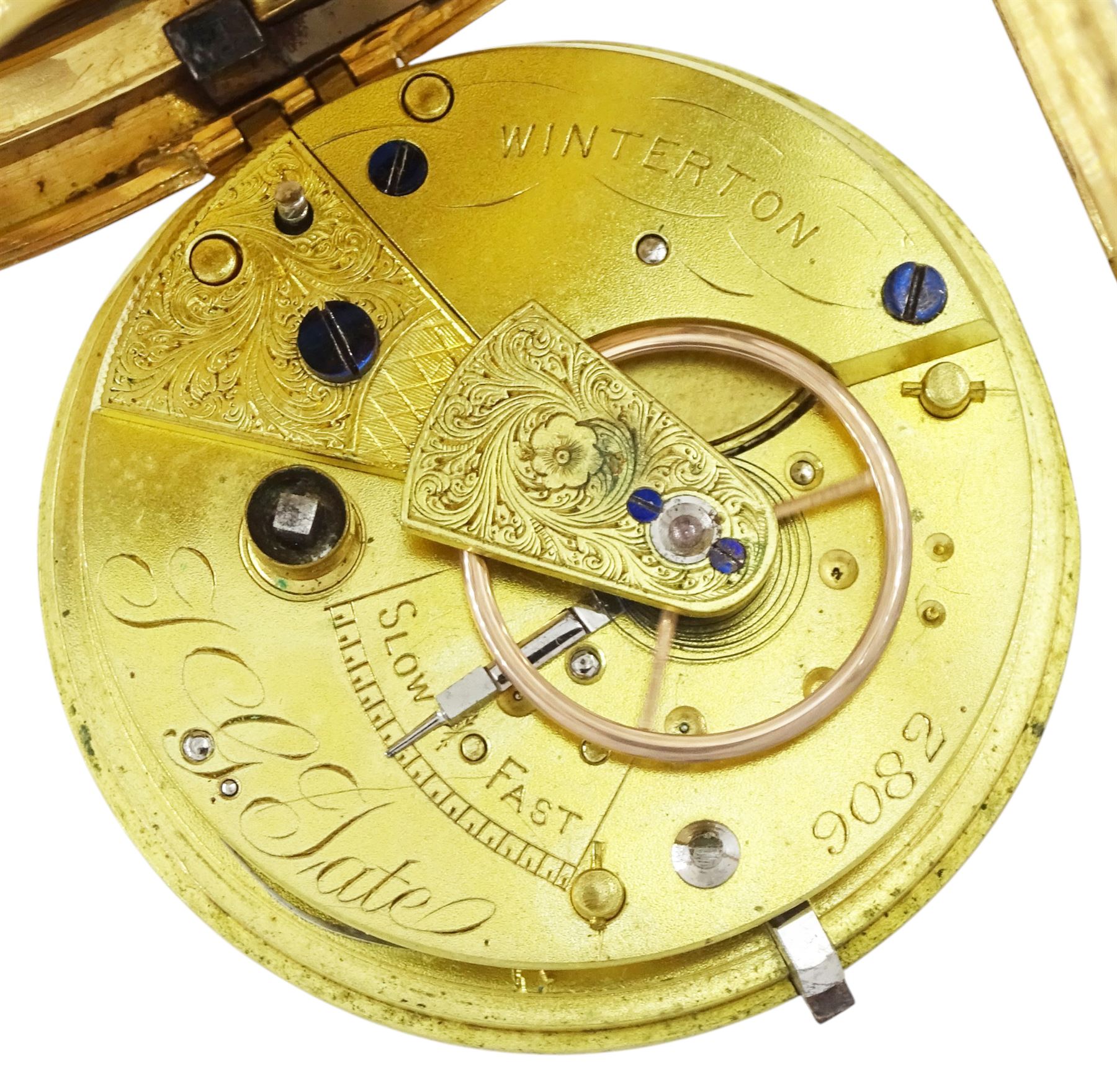 Victorian 18ct gold open face fusee lever pocket watch by T G Tate, Winterton, No. 9082, gilt dial with Roman numeral hour markers, case with engraved foliate decoration, London 1882