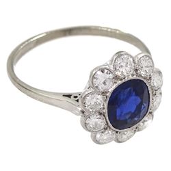 Palladium and platinum milgrain set oval sapphire and diamond cluster ring, sapphire approx 1.35 carat, total diamond weight approx 0.55 carat