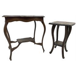 Early 20th century carved stained beech side table, cabriole supports united by undertier (W68cm H73cm); with another smaller (H62cm)