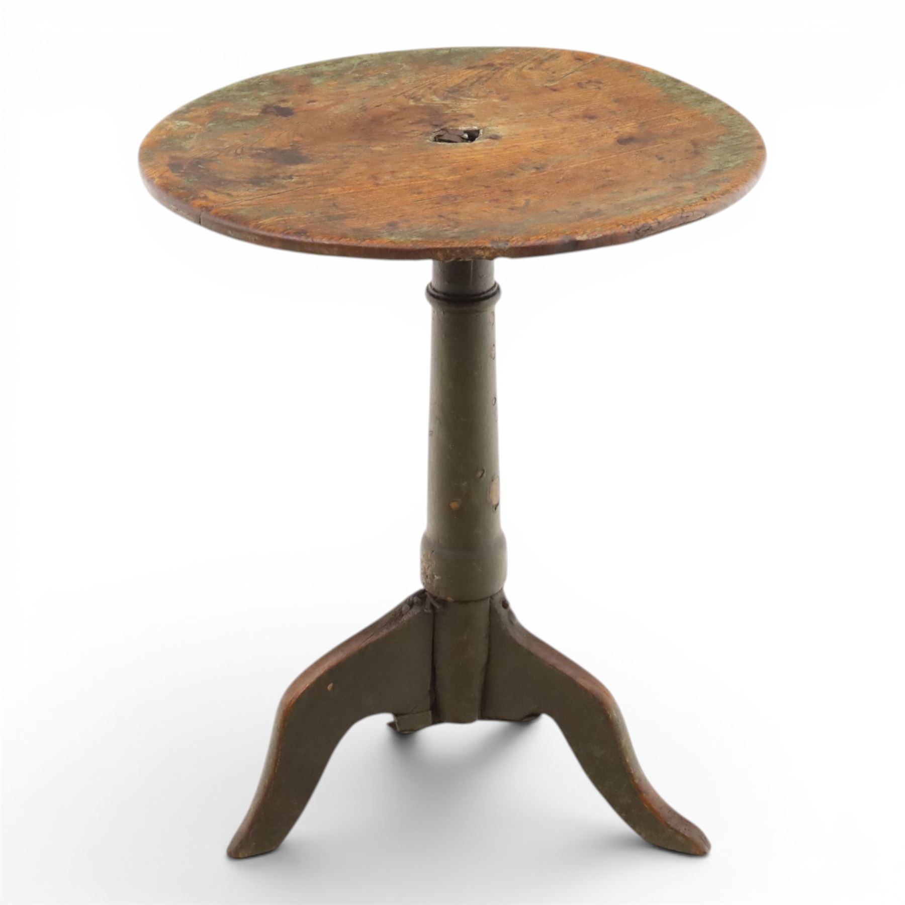 18th century primitive circular occasional table, single plank top with visible join, raised on turned column and splayed tripod base with shaped feet