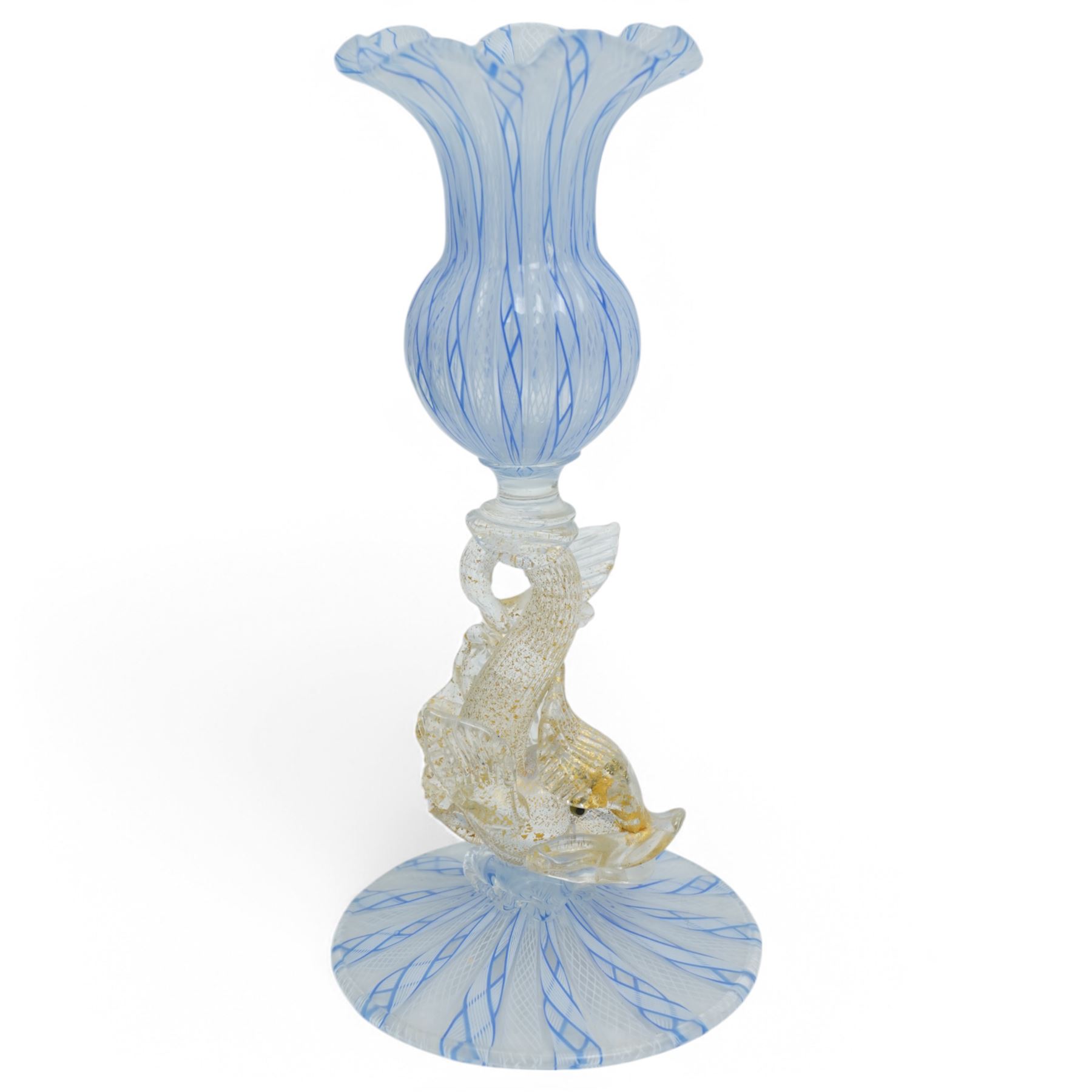 Venetian Murano blue and white glass latticino zanfirico closely matched trio, the flanking vases with stems formed as dolphins, compote vase H21.5cm (3)
