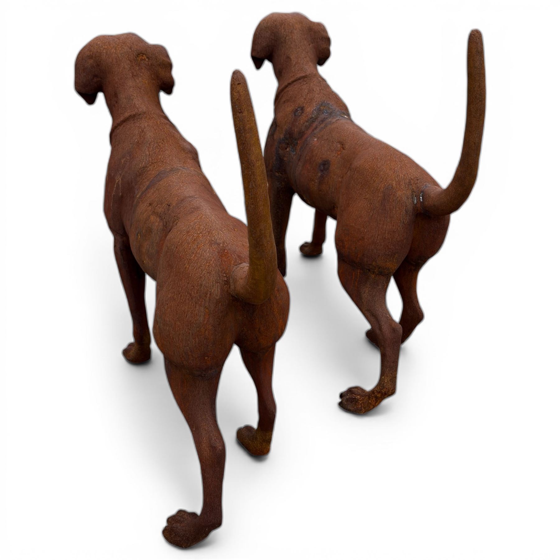 Pair of life-size heavy cast iron garden Hunting dogs