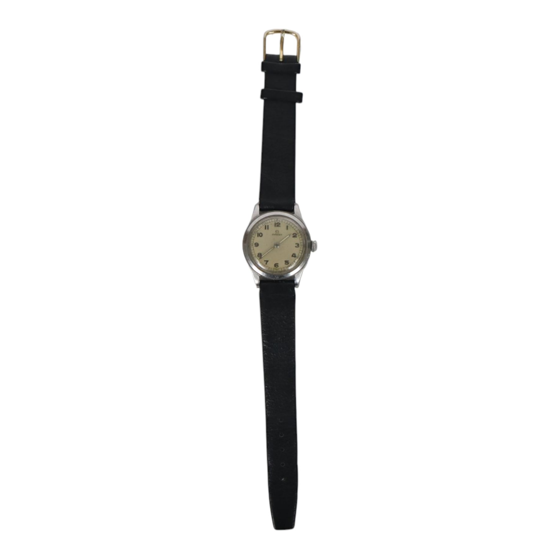 Omega, chrome plated military-style wristwatch, circa 1940, with leather strap