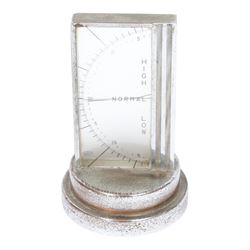 Art Deco chrome plated desk aneroid barometer by Zeiss Ikon, with frosted glass panel to rear, upon raised on a stepped circular base with instructions printed on the underside, H16cm