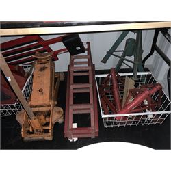 Large trolley jack, axel stands, Land Rover wheel cover, inspection trolley, Champion spark plug stand etc - THIS LOT IS TO BE COLLECTED BY APPOINTMENT FROM DUGGLEBY STORAGE, GREAT HILL, EASTFIELD, SCARBOROUGH, YO11 3TX