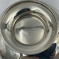 1920s five-piece silver tea service, comprising teapot, coffee pot, hot water pot, twin handled open sucrier and milk jug, each of squat circular form with shaped rim, the teapot, coffee pot and hot water pot each with ebonised handle and finial, the sucrier and milk jug with acanthus capped scroll handles, all upon circular foot, hallmarked R F Mosley & Co, Sheffield 1926 & 1927, tallest H24cm