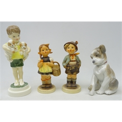  Lladro figure of a dog with a snail on paw no. 6211, H13.5cm, Royal Worcester figure 'all mine' no. 3519, modelled by F.G.Doughty and two Hummel figures of a girl and a boy (4)  