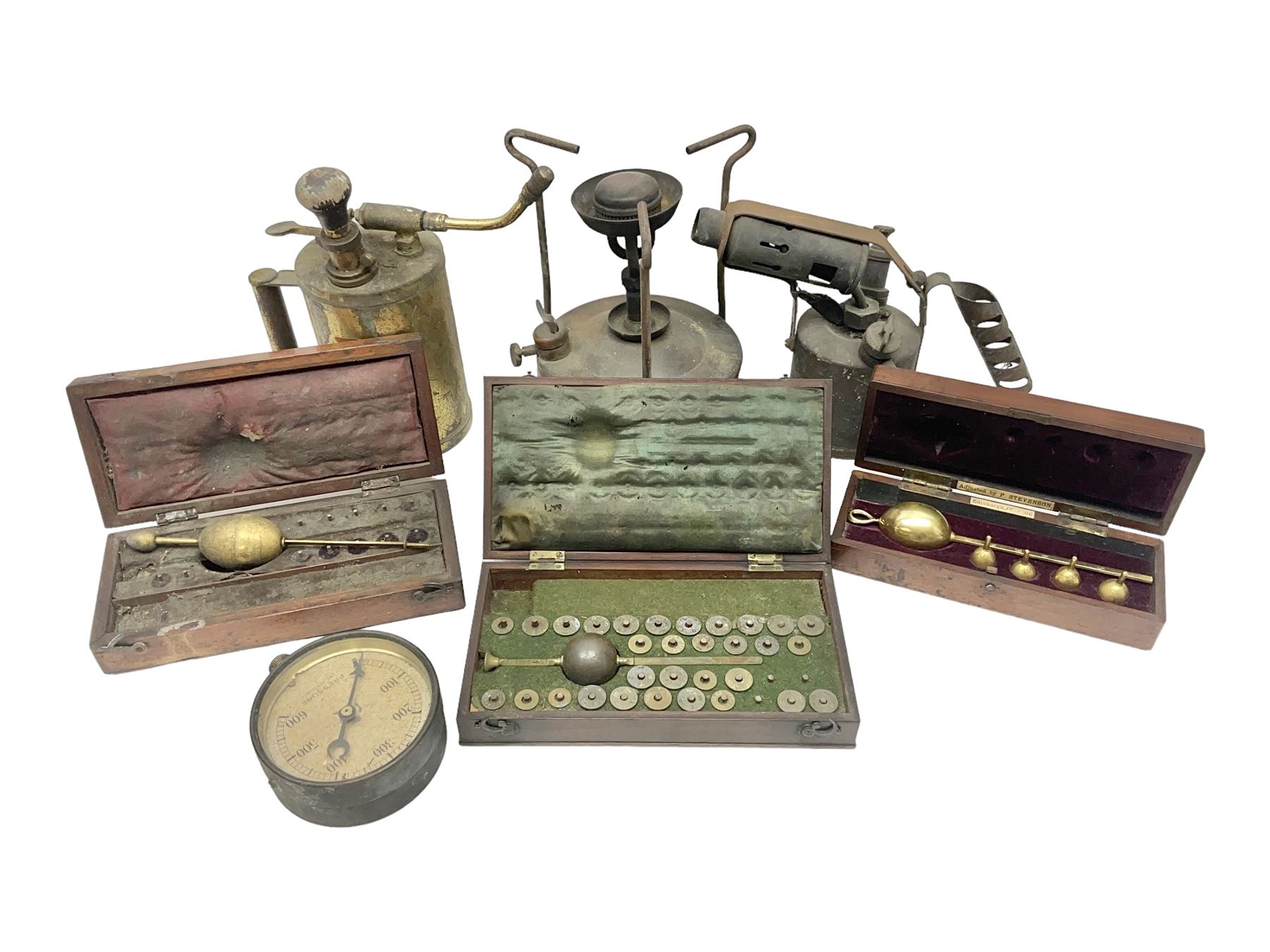 Three hydrometers, including examples by Allan and Clarke, all boxed, together with a blow torch, air sprayer, burned and a pressure gauge