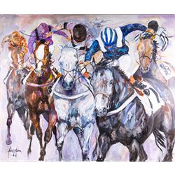 Jacquie Jones (British Contemporary 1961-): 'XL Racing Study', oil on canvas signed 100cm x 120cm 